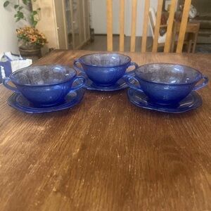 Hazel-Atlas Royal Lace Cobalt Blue Depression Glass Soup Bowls wSaucers Set of 3